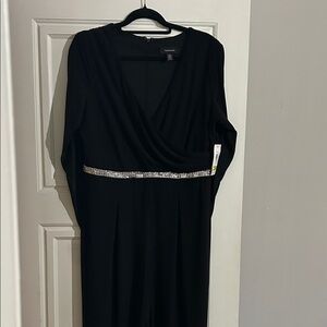 R & M Richards Black Long Sleeve V-Neck Evening Dress with Rhinestone Waist